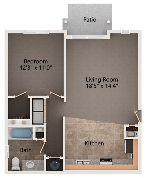 Floor plan for 1 bed, 1 bath, 776 sqft